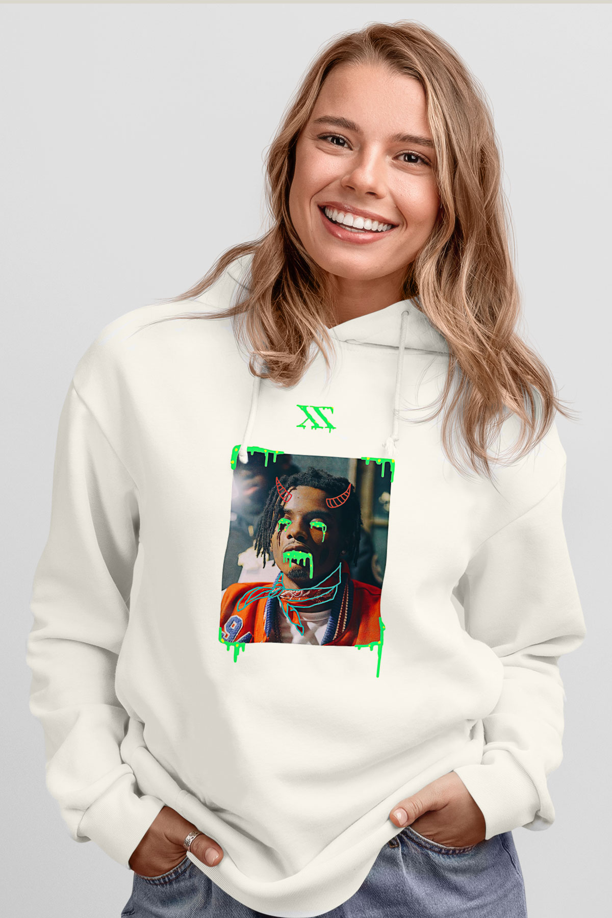 Playboi Carti Baskılı Beyaz Unisex Kapüşonlu Sweatshirt