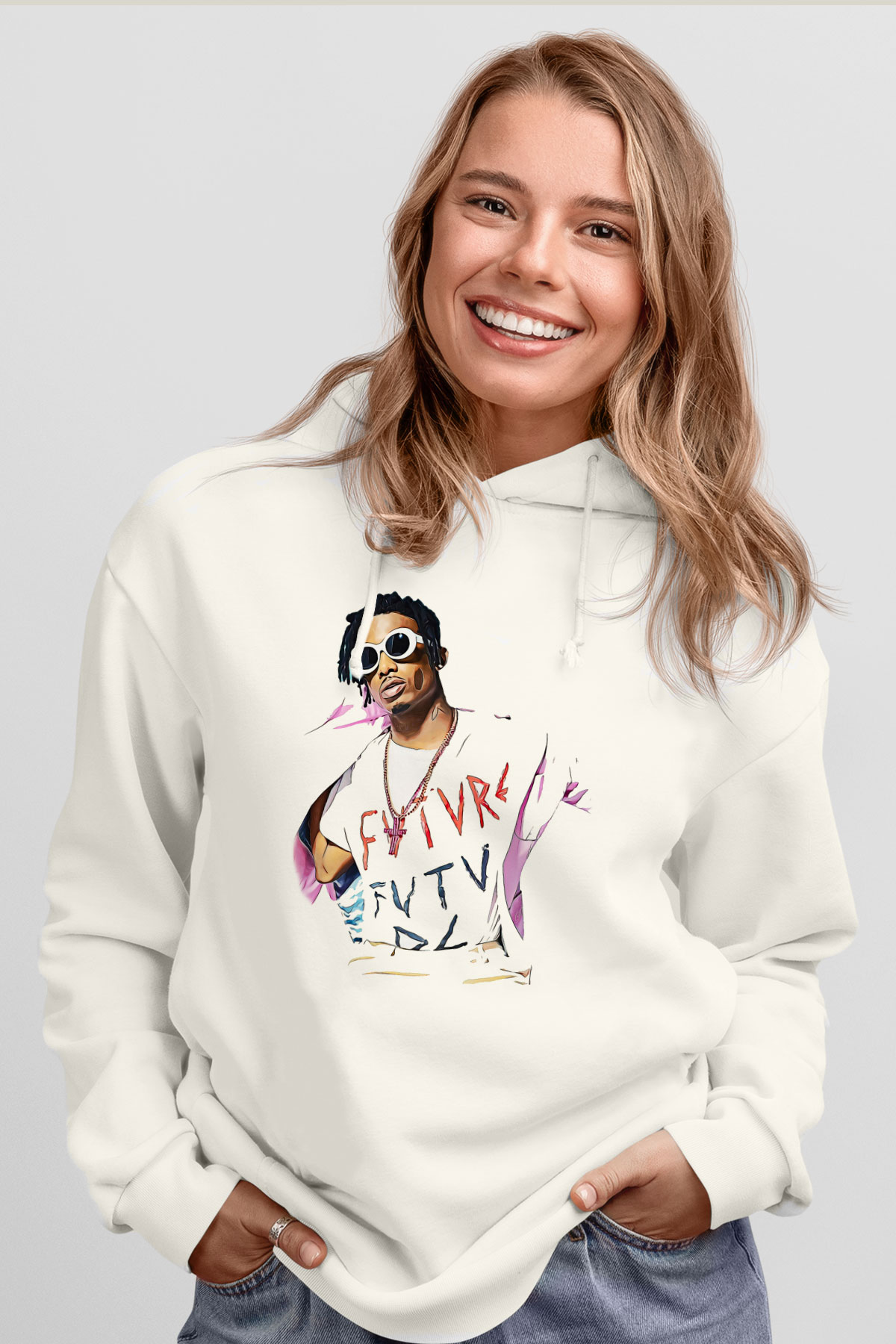 Playboi Carti Baskılı Beyaz Unisex Kapüşonlu Sweatshirt