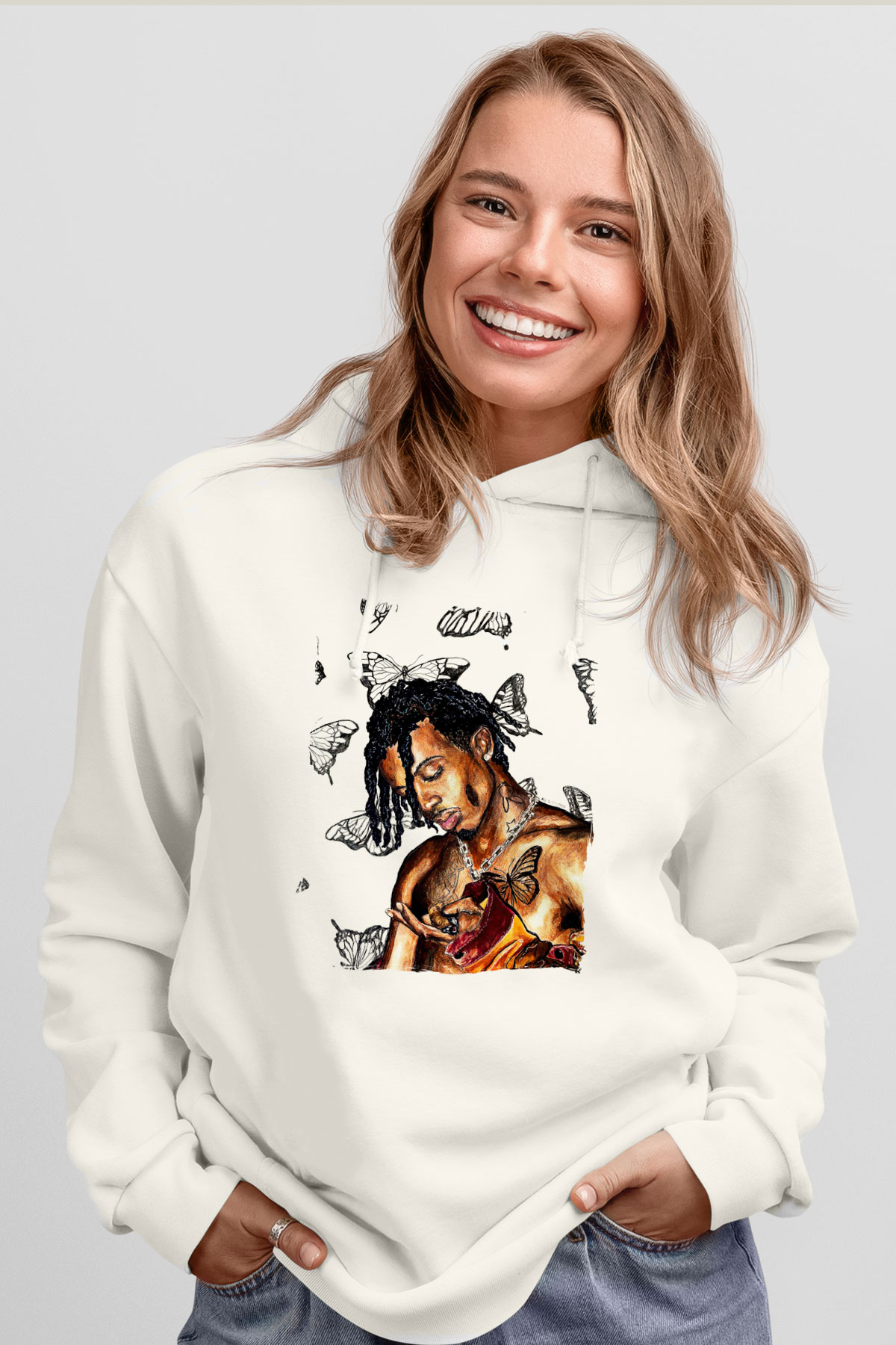 Playboi Carti Baskılı Beyaz Unisex Kapüşonlu Sweatshirt
