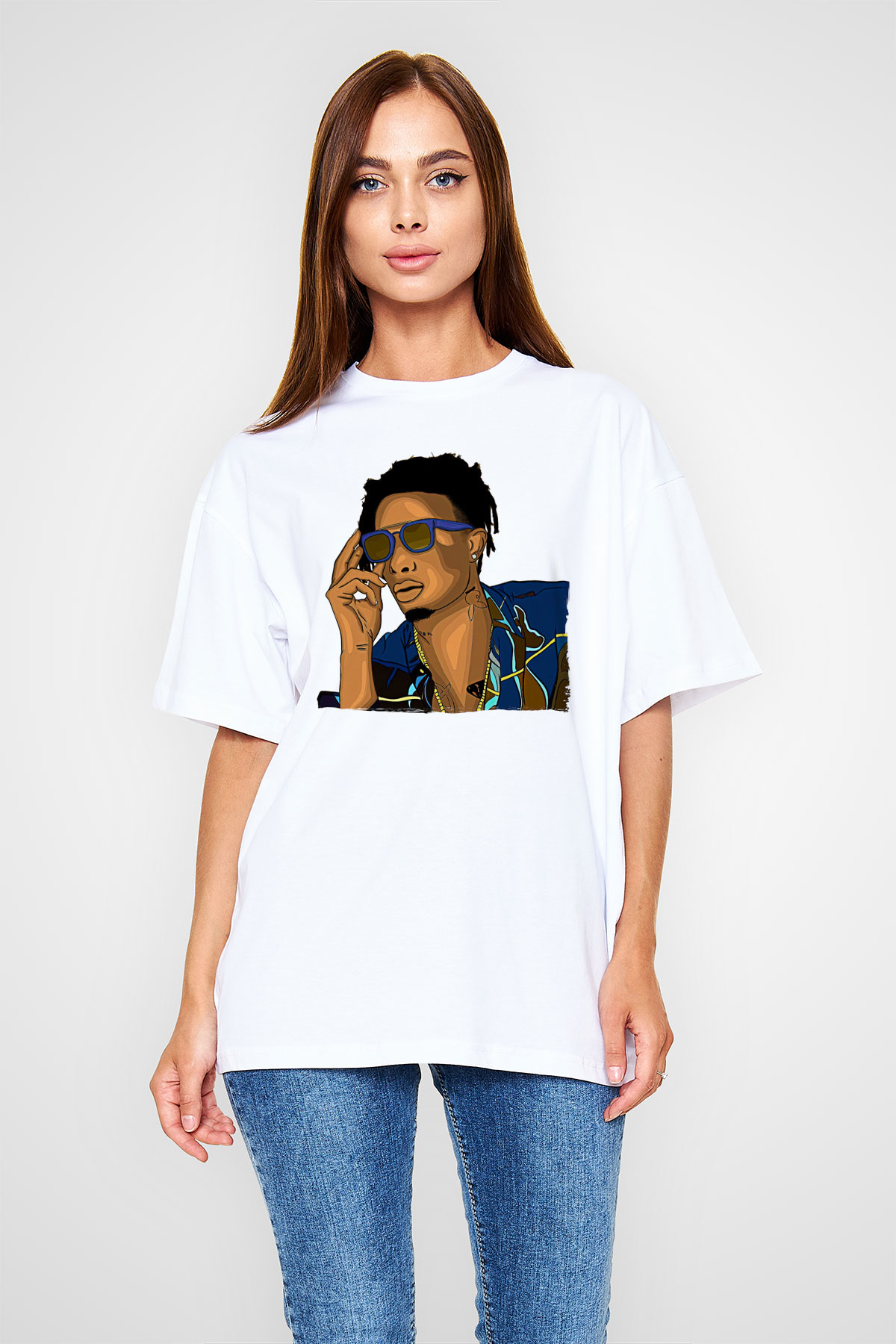 Playboi Carti Baskılı Beyaz Unisex Oversize Tişört - Tshirt