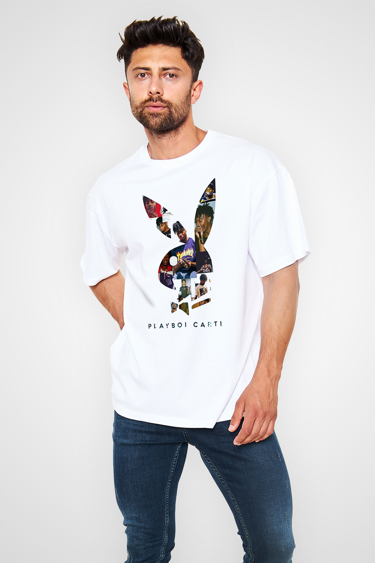 Playboi Carti Baskılı Beyaz Unisex Oversize Tişört - Tshirt