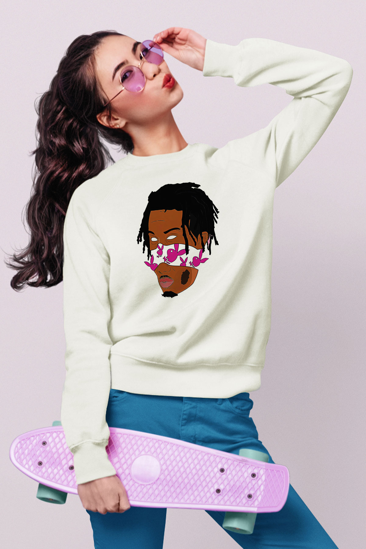 Playboi Carti Baskılı Beyaz Unisex Sweatshirt