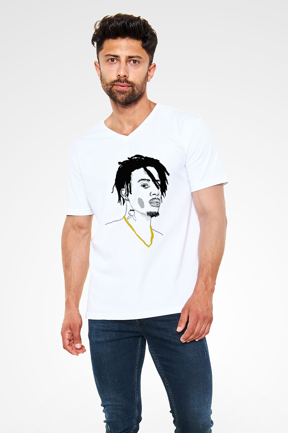 Playboi Carti Baskılı Beyaz Unisex V Yaka Tişört - Tshirt