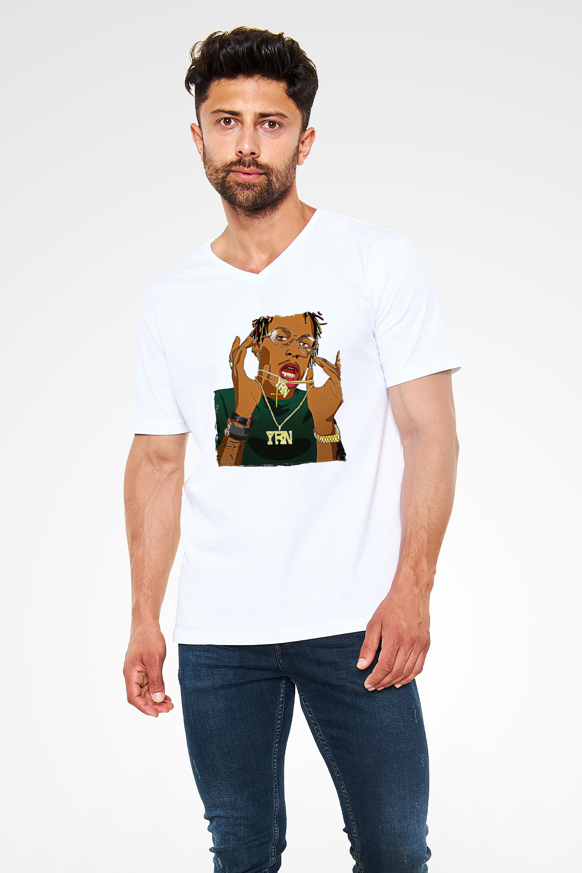 Playboi Carti Baskılı Beyaz Unisex V Yaka Tişört - Tshirt