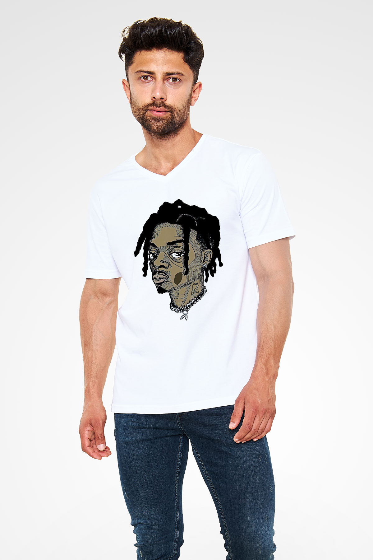 Playboi Carti Baskılı Beyaz Unisex V Yaka Tişört - Tshirt