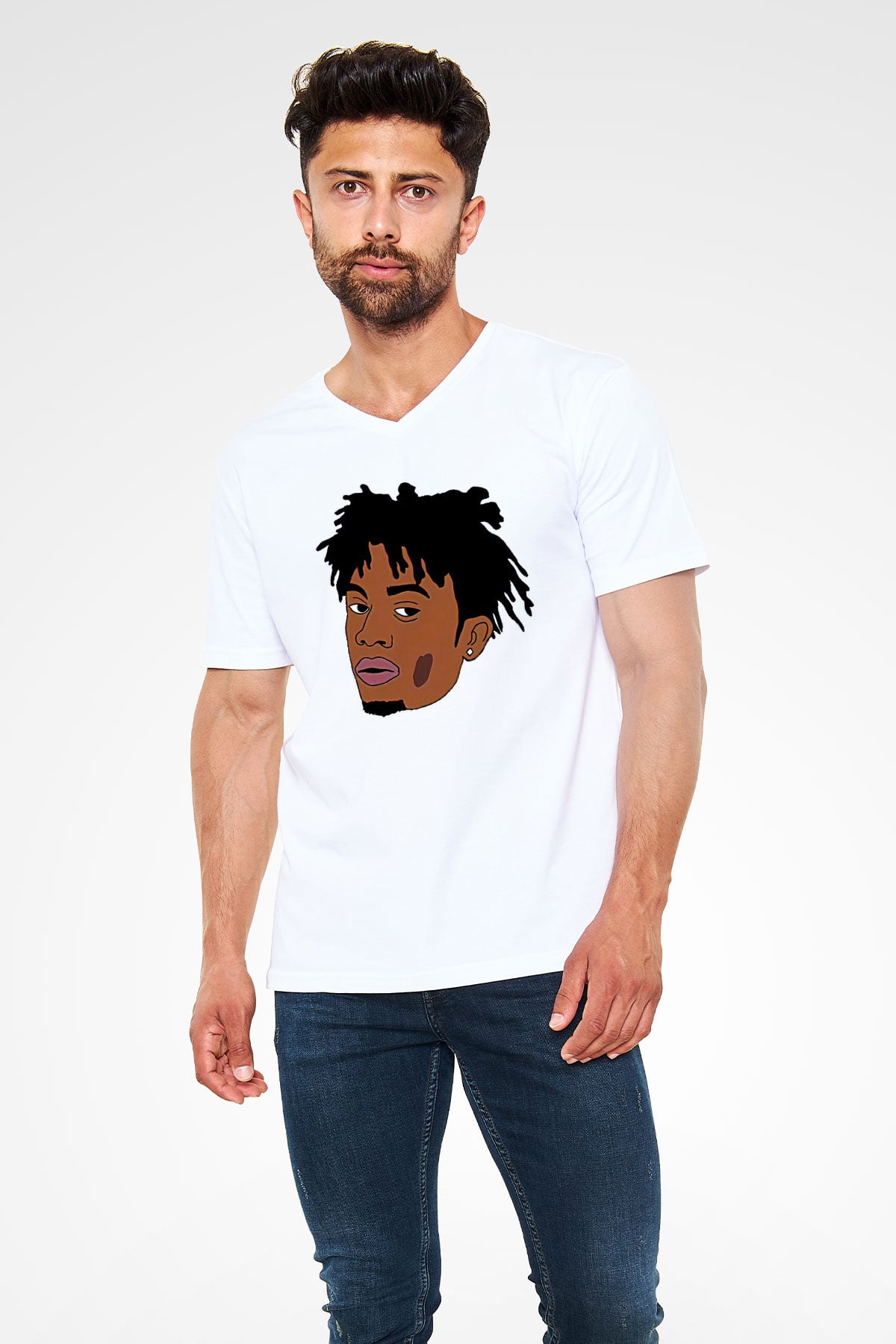 Playboi Carti Baskılı Beyaz Unisex V Yaka Tişört - Tshirt
