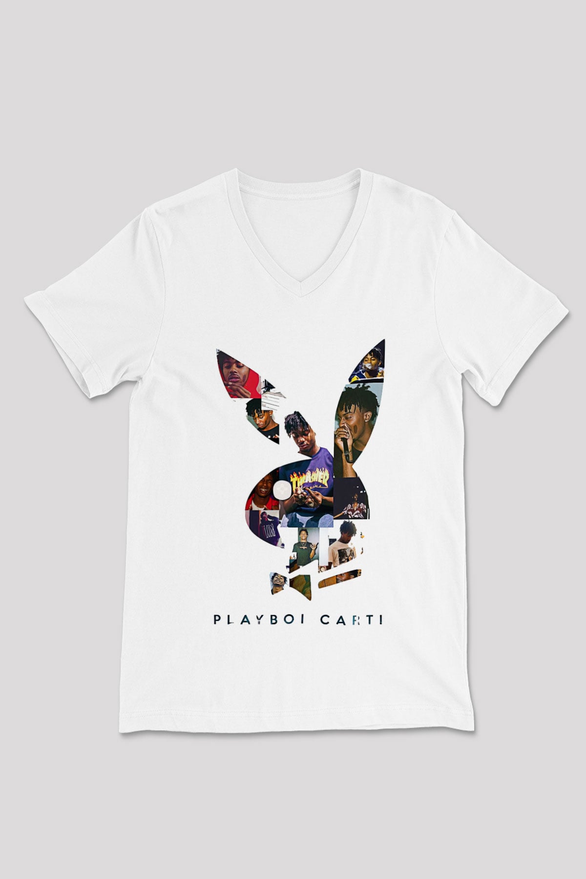 Playboi Carti Baskılı Beyaz Unisex V Yaka Tişört - Tshirt
