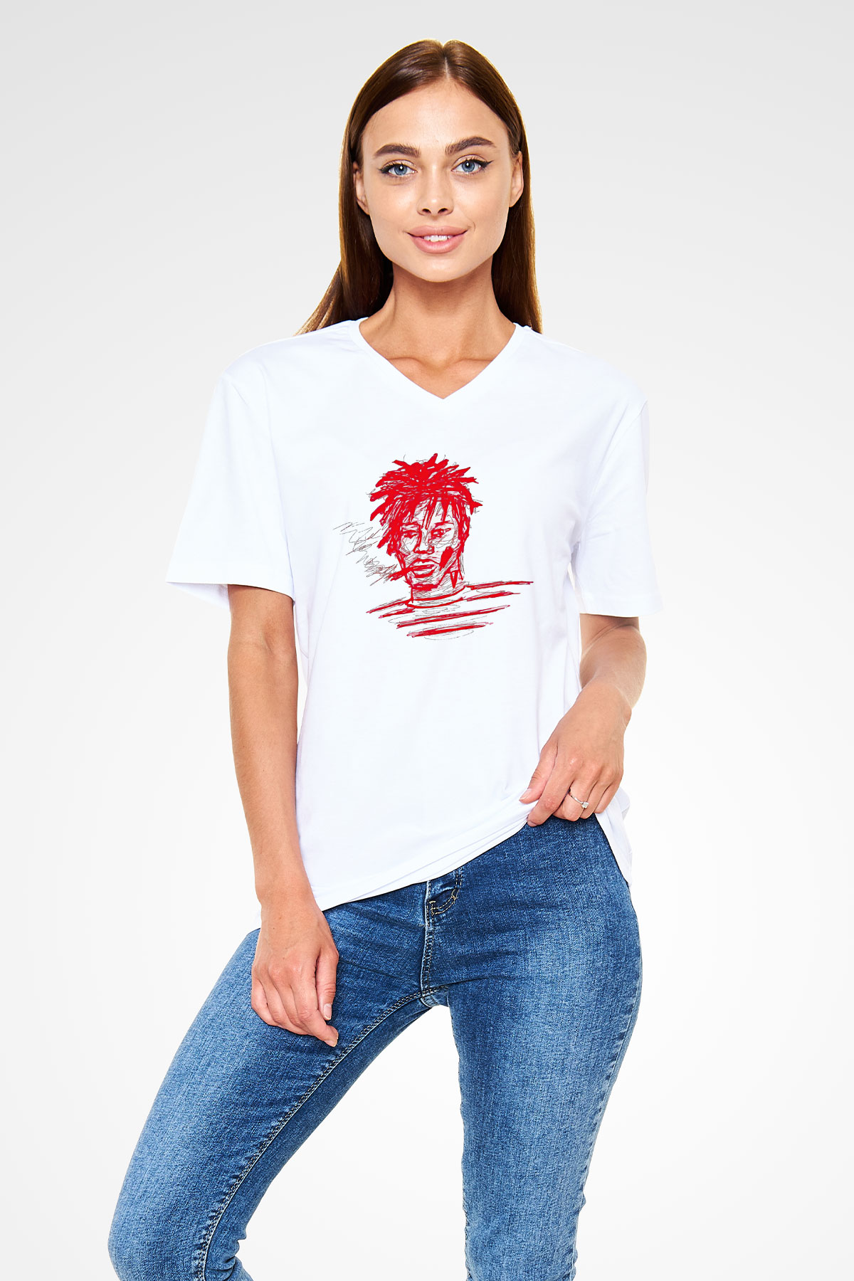 Playboi Carti Baskılı Beyaz Unisex V Yaka Tişört - Tshirt