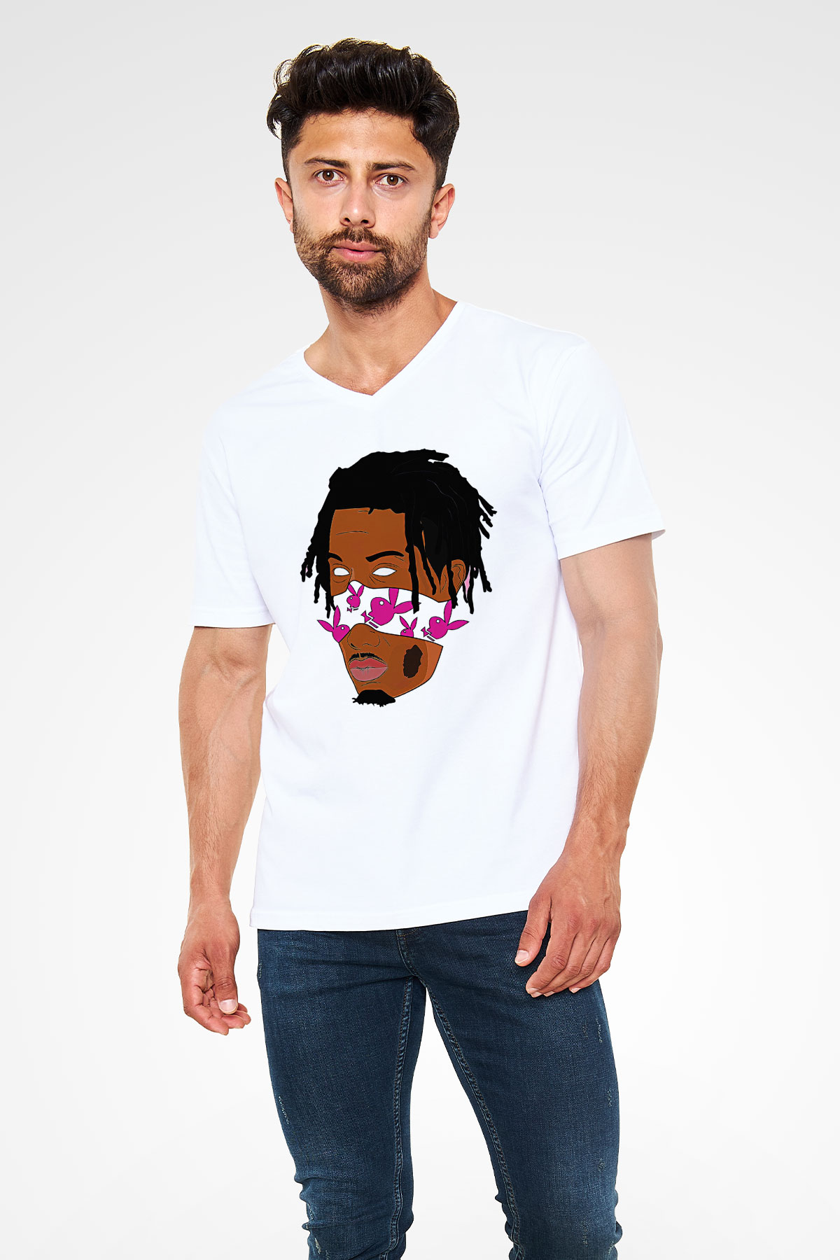 Playboi Carti Baskılı Beyaz Unisex V Yaka Tişört - Tshirt