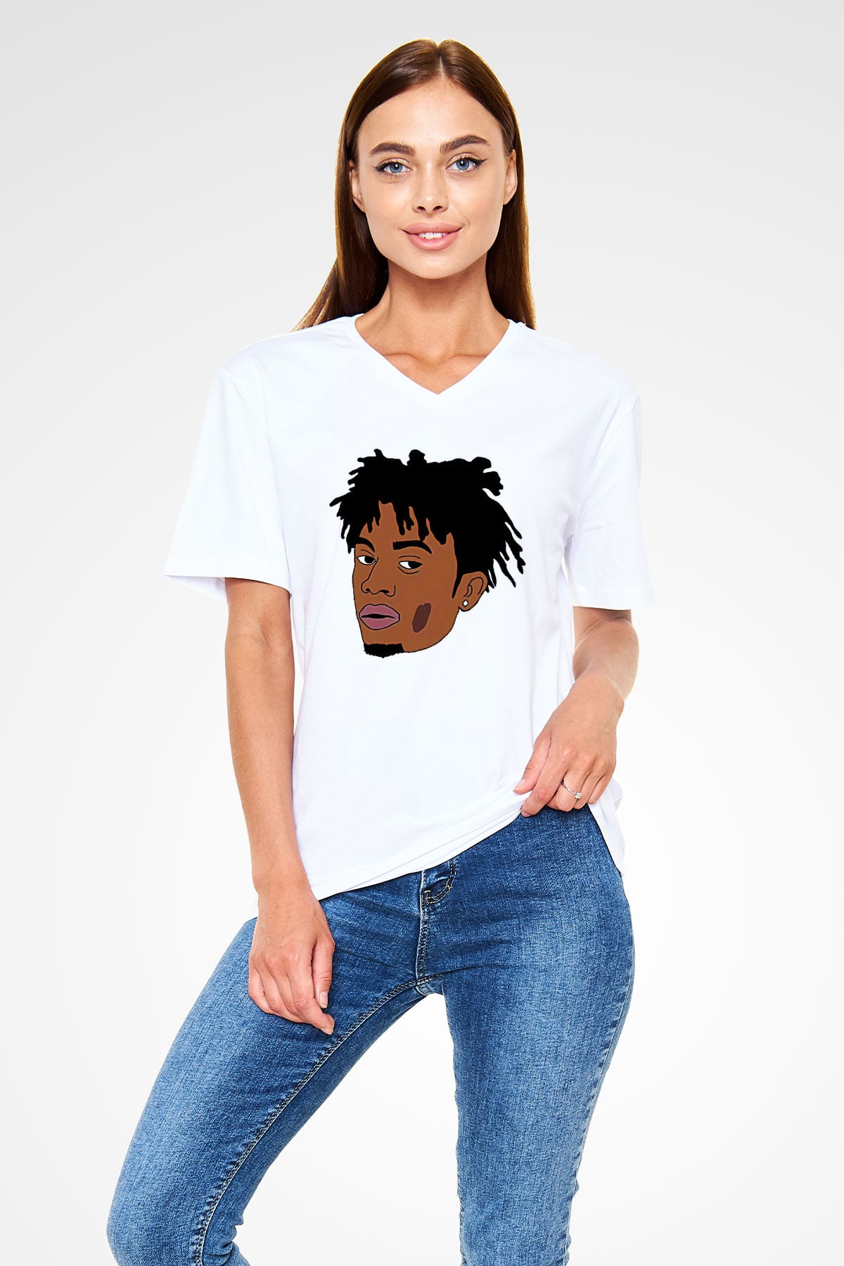 Playboi Carti Baskılı Beyaz Unisex V Yaka Tişört - Tshirt