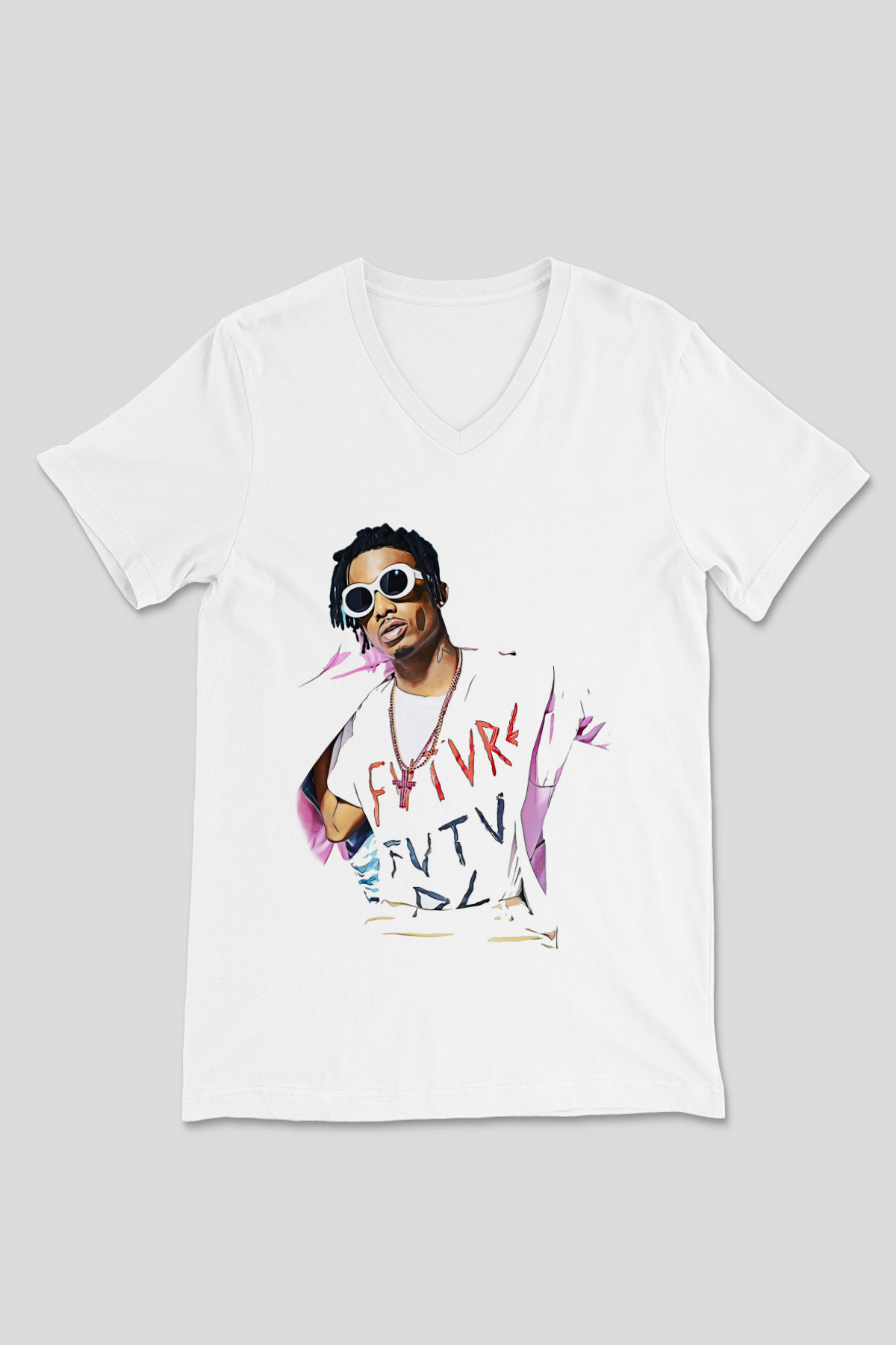 Playboi Carti Baskılı Beyaz Unisex V Yaka Tişört - Tshirt