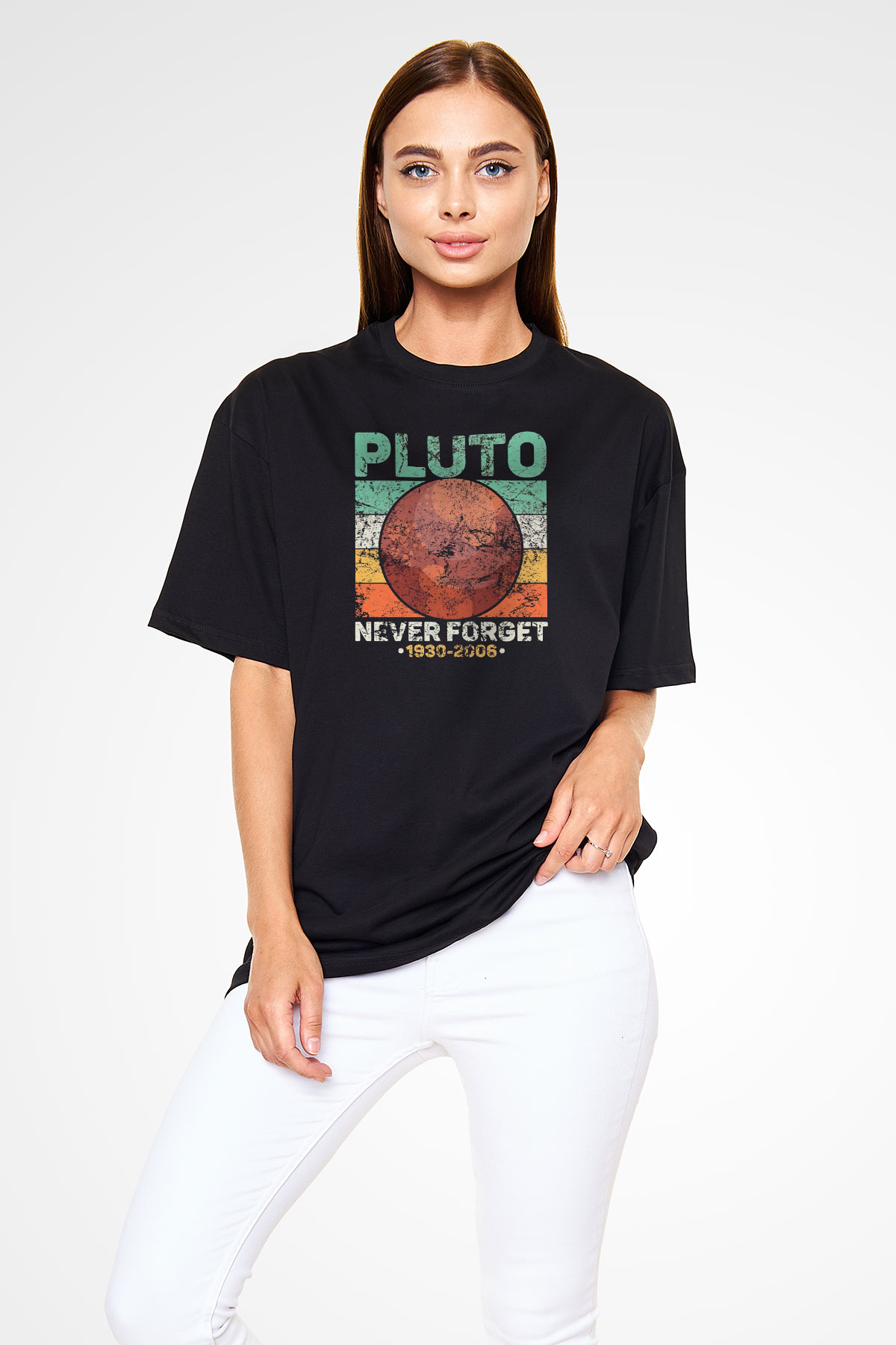 Plüton Çizim Unutma Baskılı Unisex Oversize Tişört - Tshirt