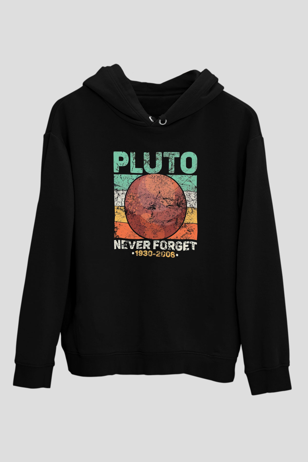 Plüton Çizim Unutma Baskılı Unisex Siyah Kapüşonlu Sweatshirt