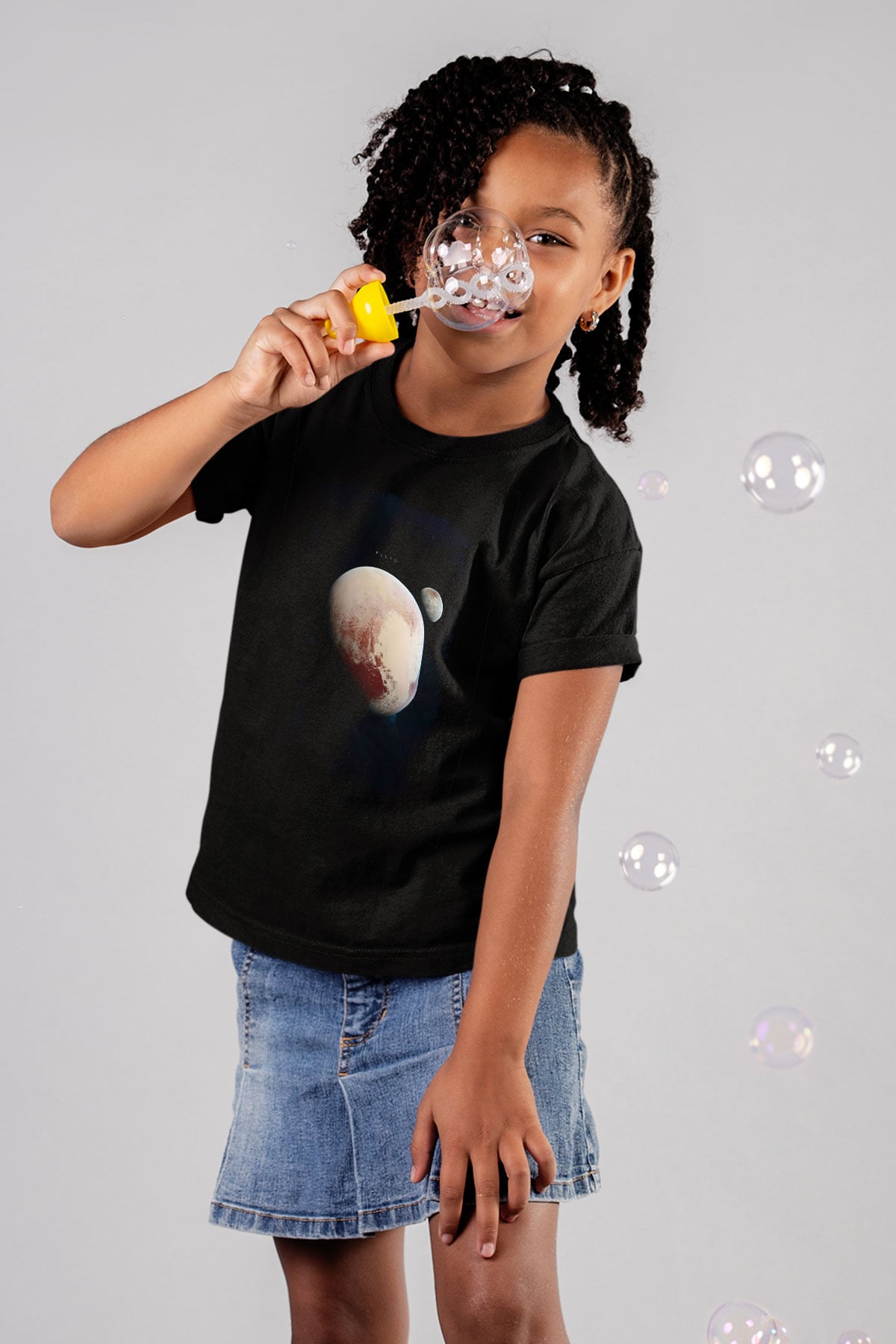 Plüton Fotoğraf Baskılı Unisex Siyah Çocuk Tişörtü - Tshirt