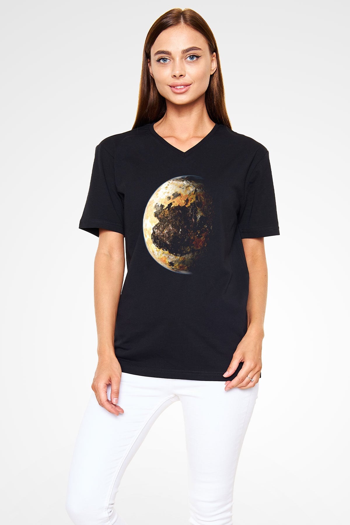 Plüton Siyah Unisex V Yaka Tişört T-Shirt