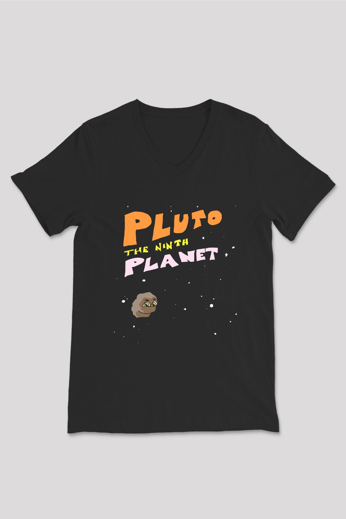 Plüton Siyah Unisex V Yaka Tişört T-Shirt