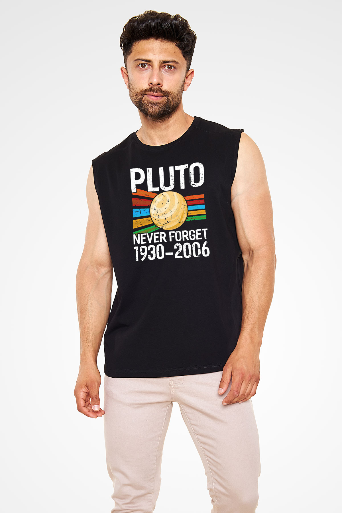 Plüton Unutma Baskılı Unisex Kolsuz Siyah Tişört - Tshirt