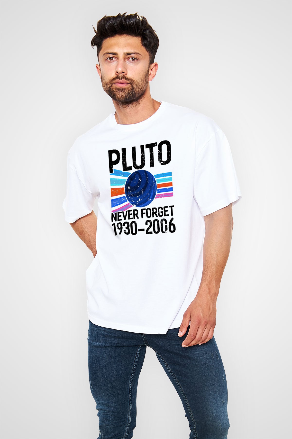 Plütonu Unutma Baskılı Unisex Oversize Beyaz Tişört - Tshirt