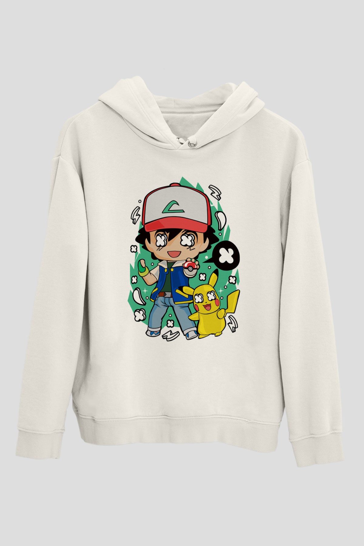 Pokemon Baskılı Unisex Beyaz Hoodie