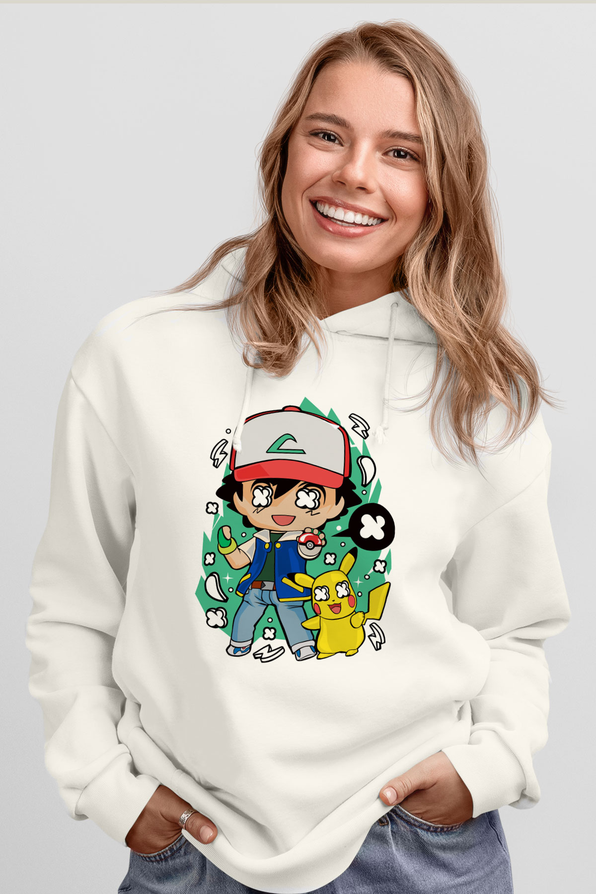 Pokemon Baskılı Unisex Beyaz Hoodie
