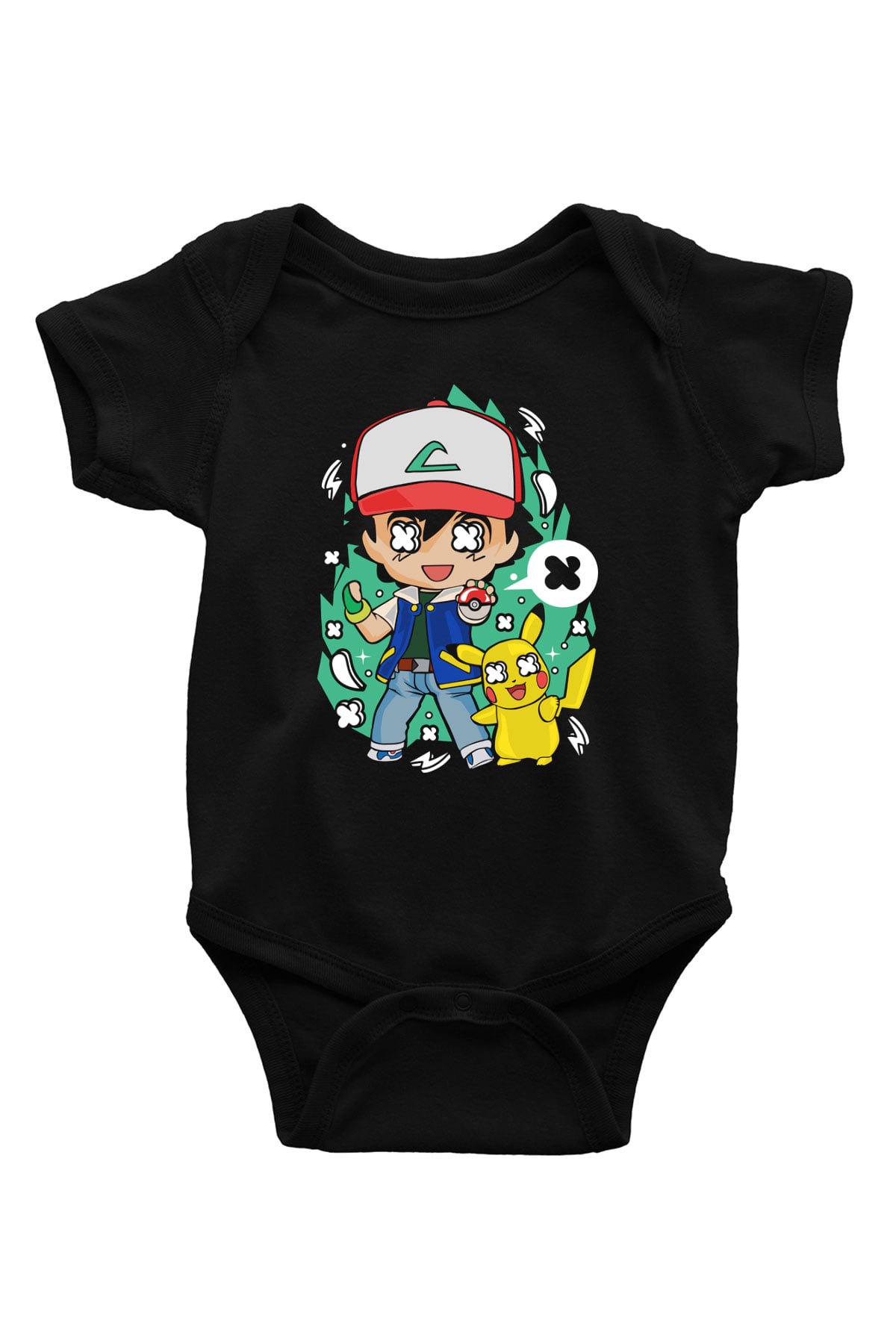 Pokemon Baskılı Unisex Siyah Bebek Body - Zıbın
