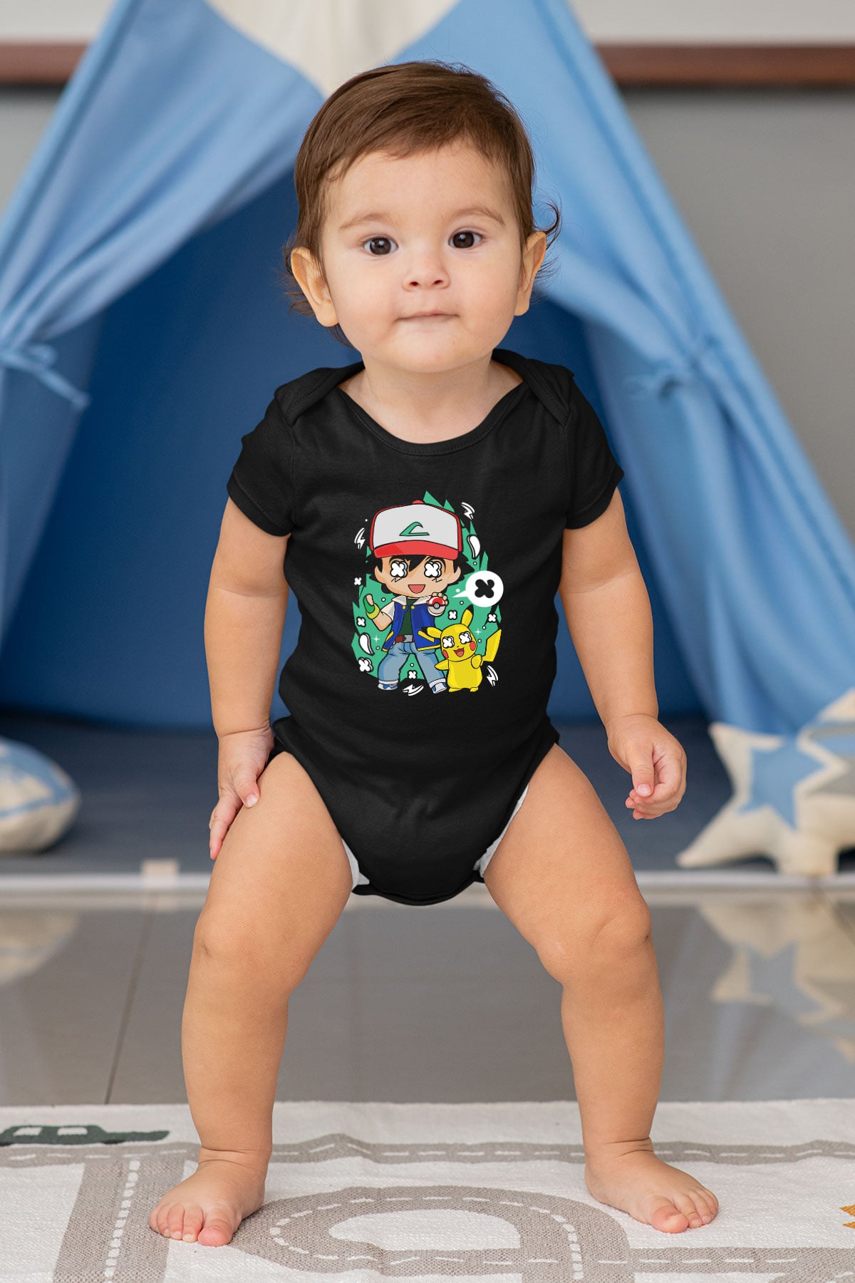 Pokemon Baskılı Unisex Siyah Bebek Body - Zıbın