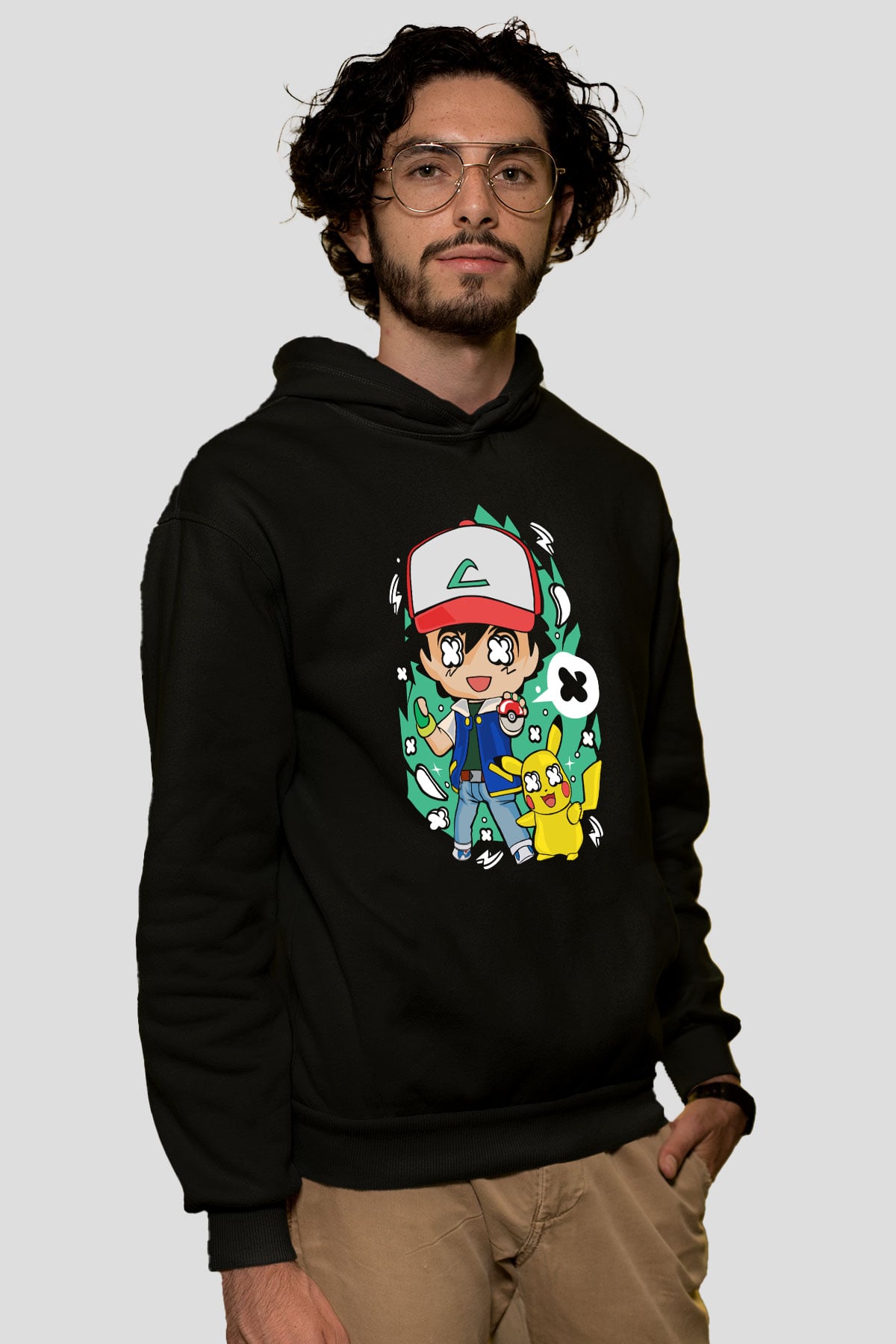 Pokemon Baskılı Unisex Siyah Hoodie