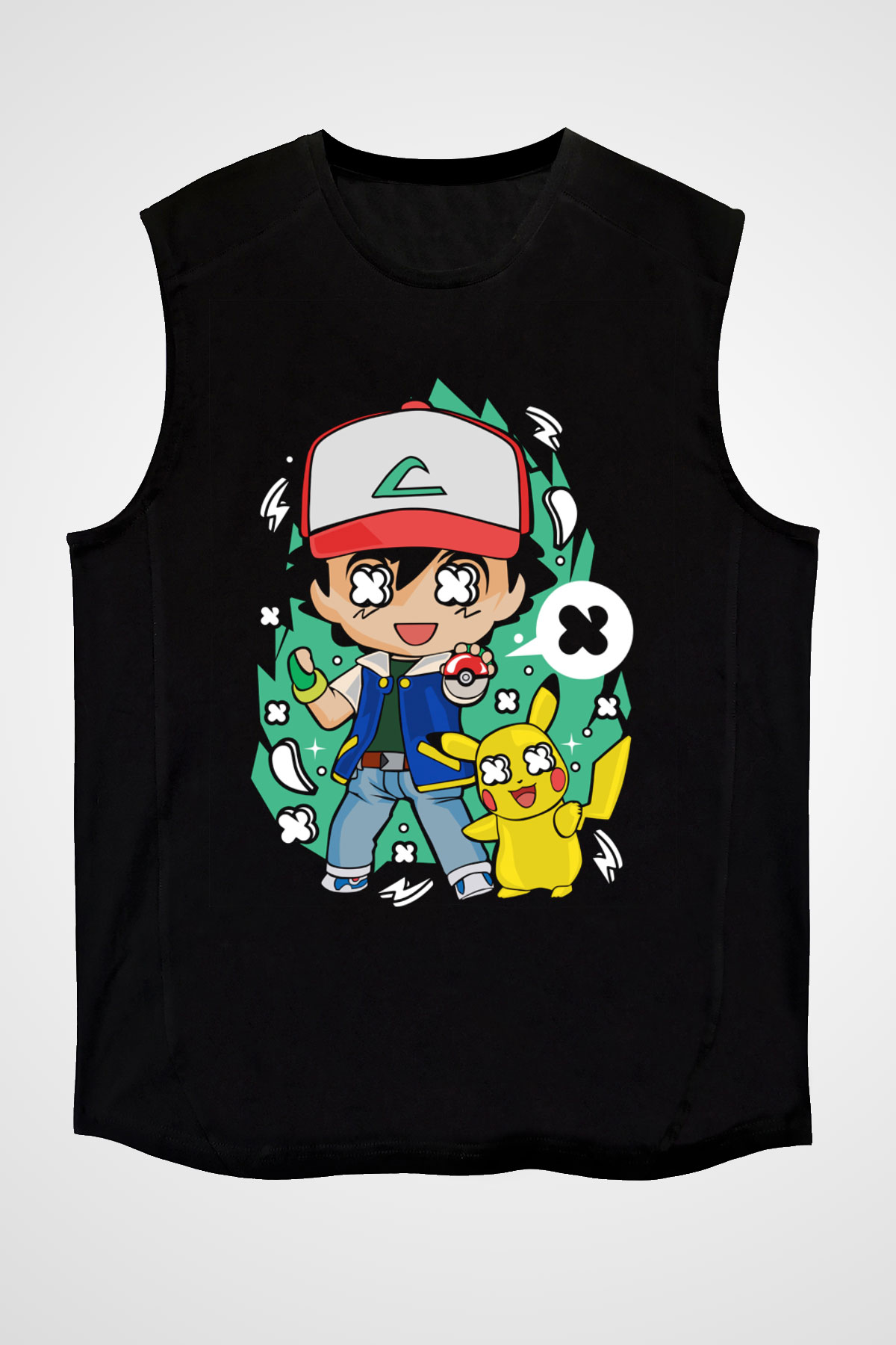 Pokemon Baskılı Unisex Siyah Kolsuz Tişört