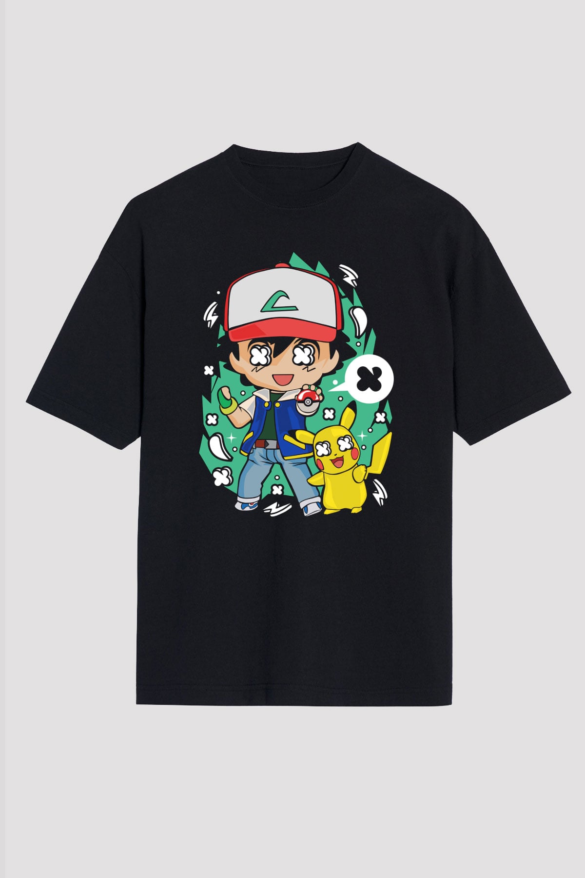 Pokemon Baskılı Unisex Siyah Oversize Tişört