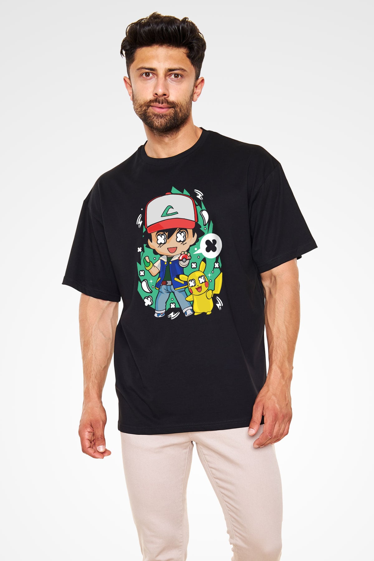 Pokemon Baskılı Unisex Siyah Oversize Tişört