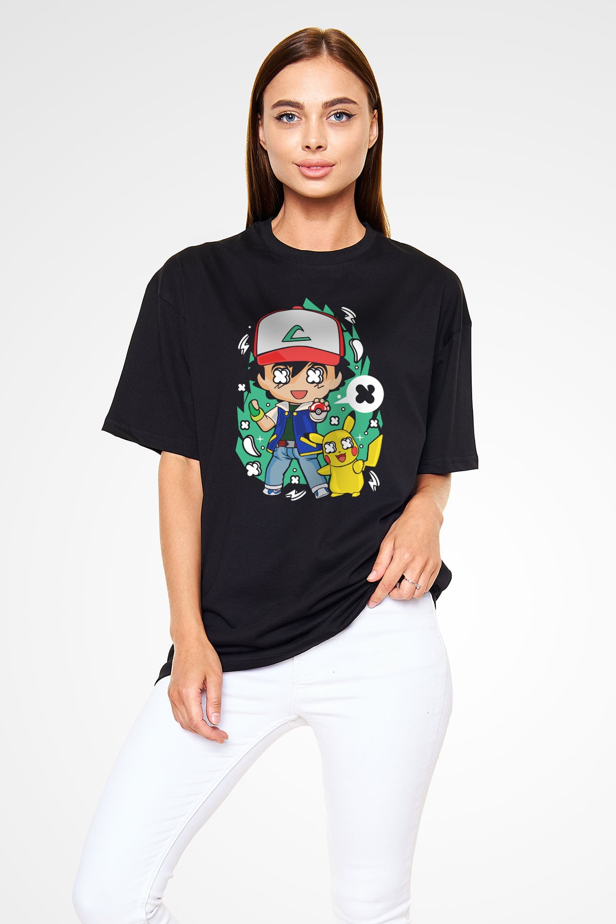 Pokemon Baskılı Unisex Siyah Oversize Tişört