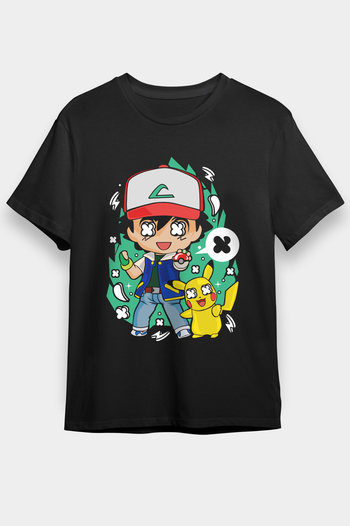Pokemon Baskılı Unisex Siyah Tişört