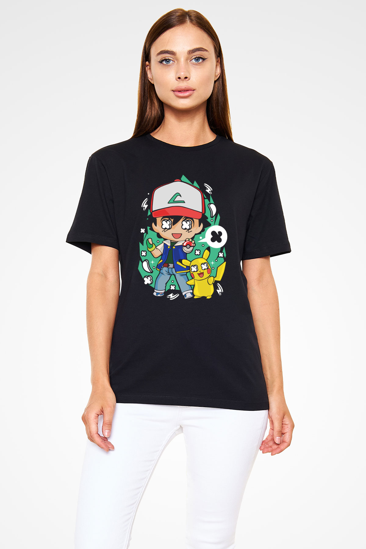 Pokemon Baskılı Unisex Siyah Tişört