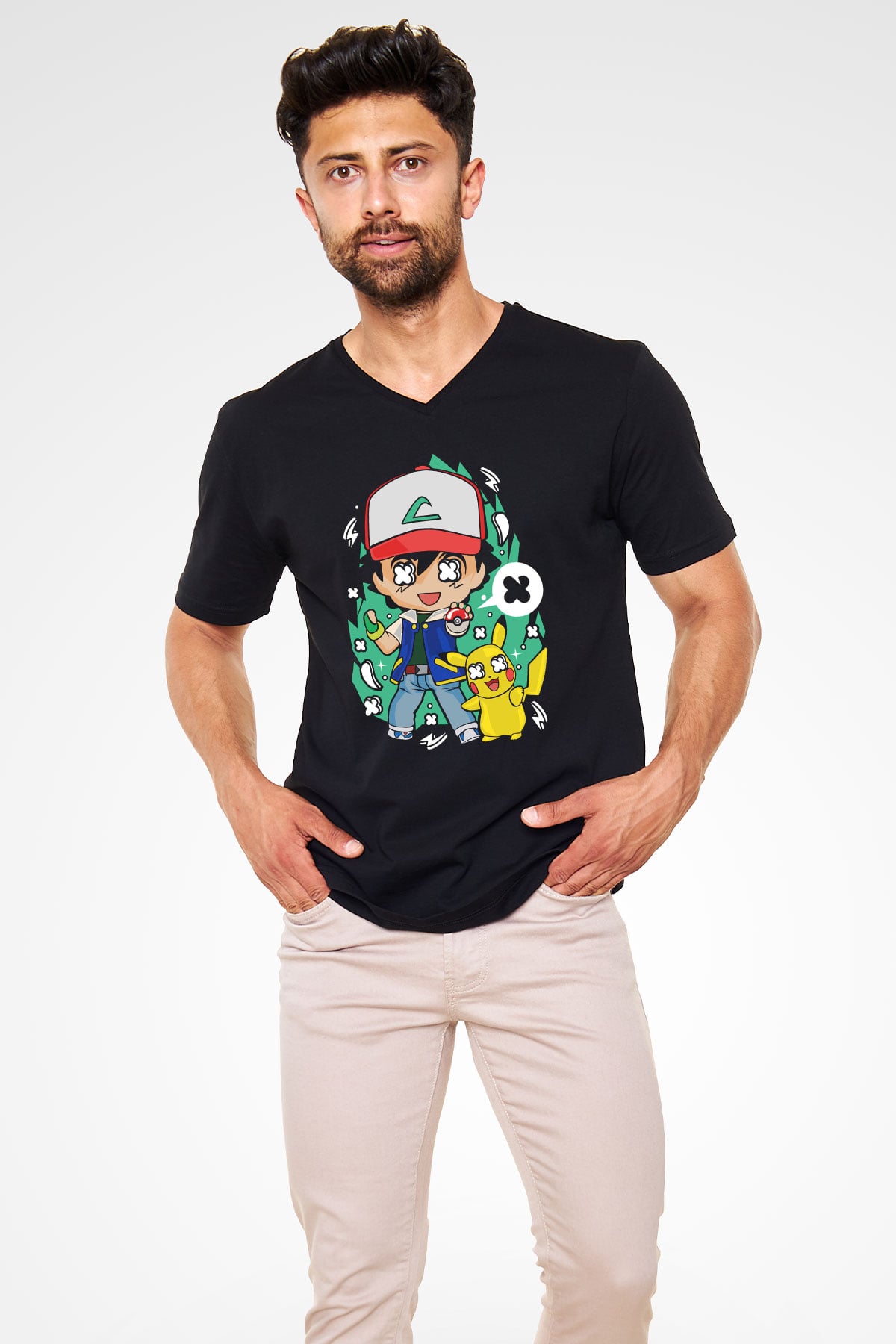 Pokemon Baskılı Unisex Siyah V Yaka Tişört