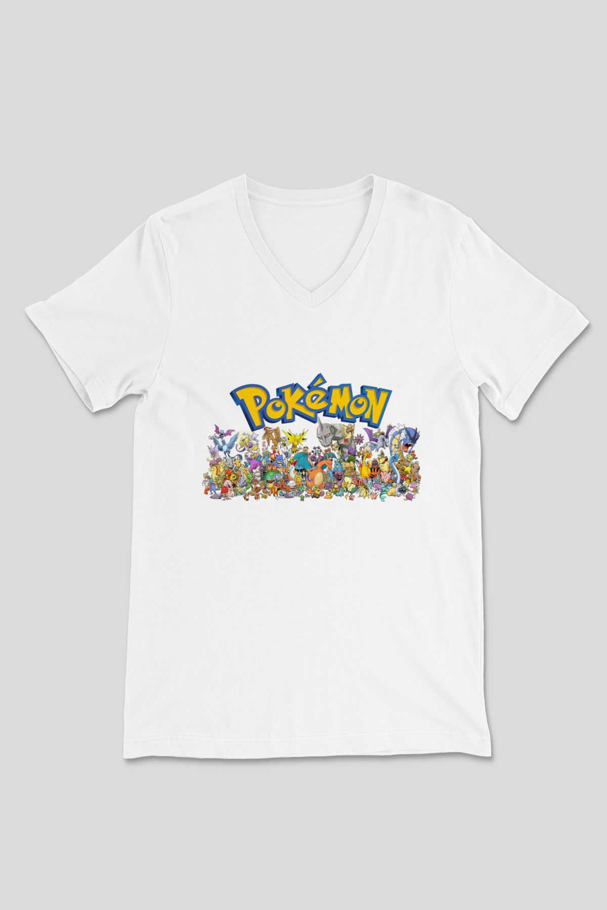 Pokemon Beyaz Unisex V Yaka Tişört