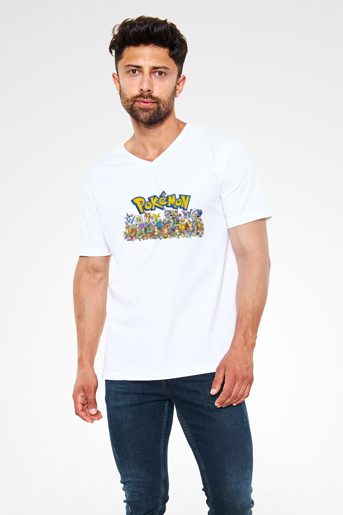 Pokemon Beyaz Unisex V Yaka Tişört