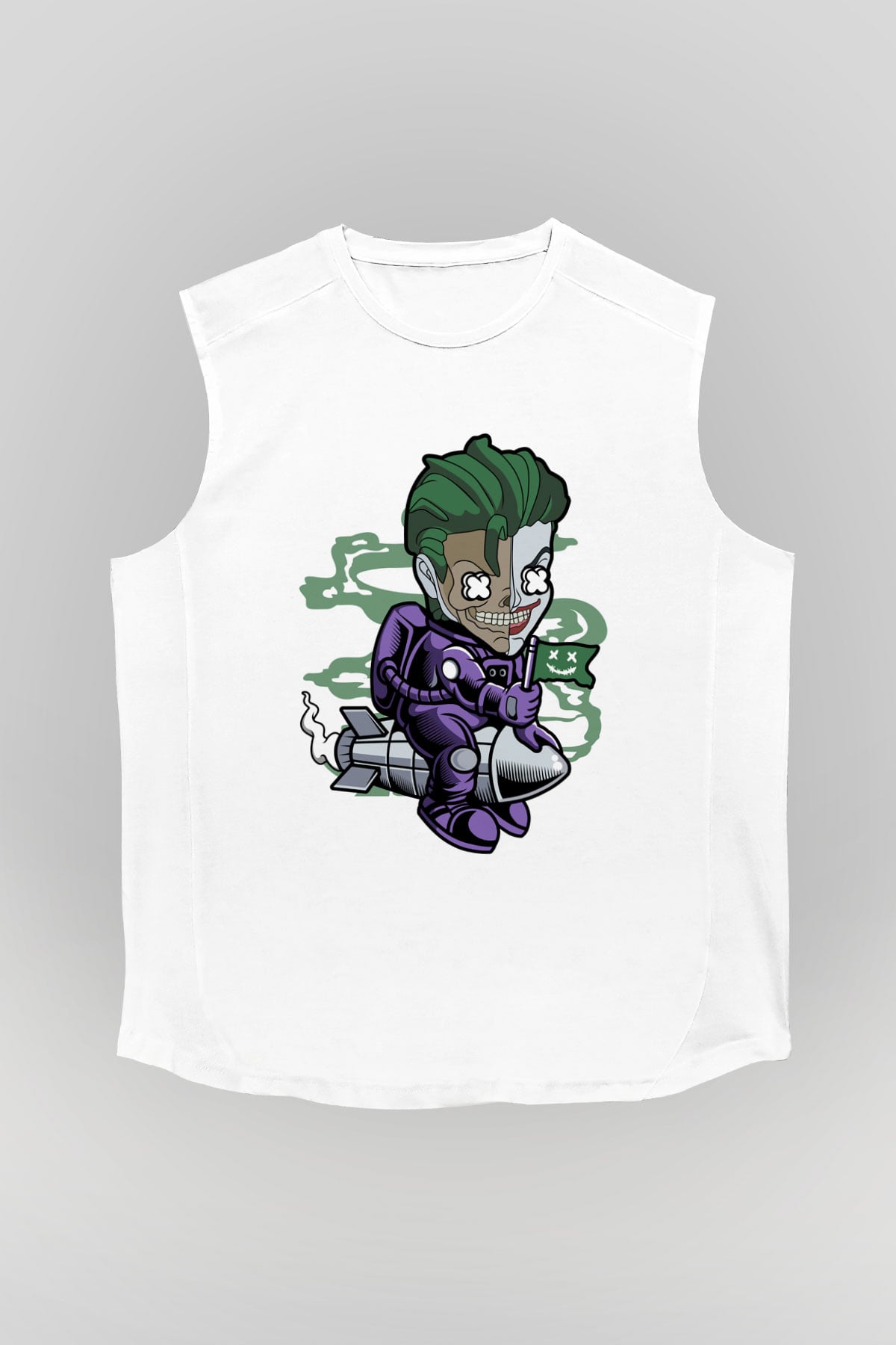 Poker Roket Rider Baskılı Unisex Beyaz Kolsuz Tişört