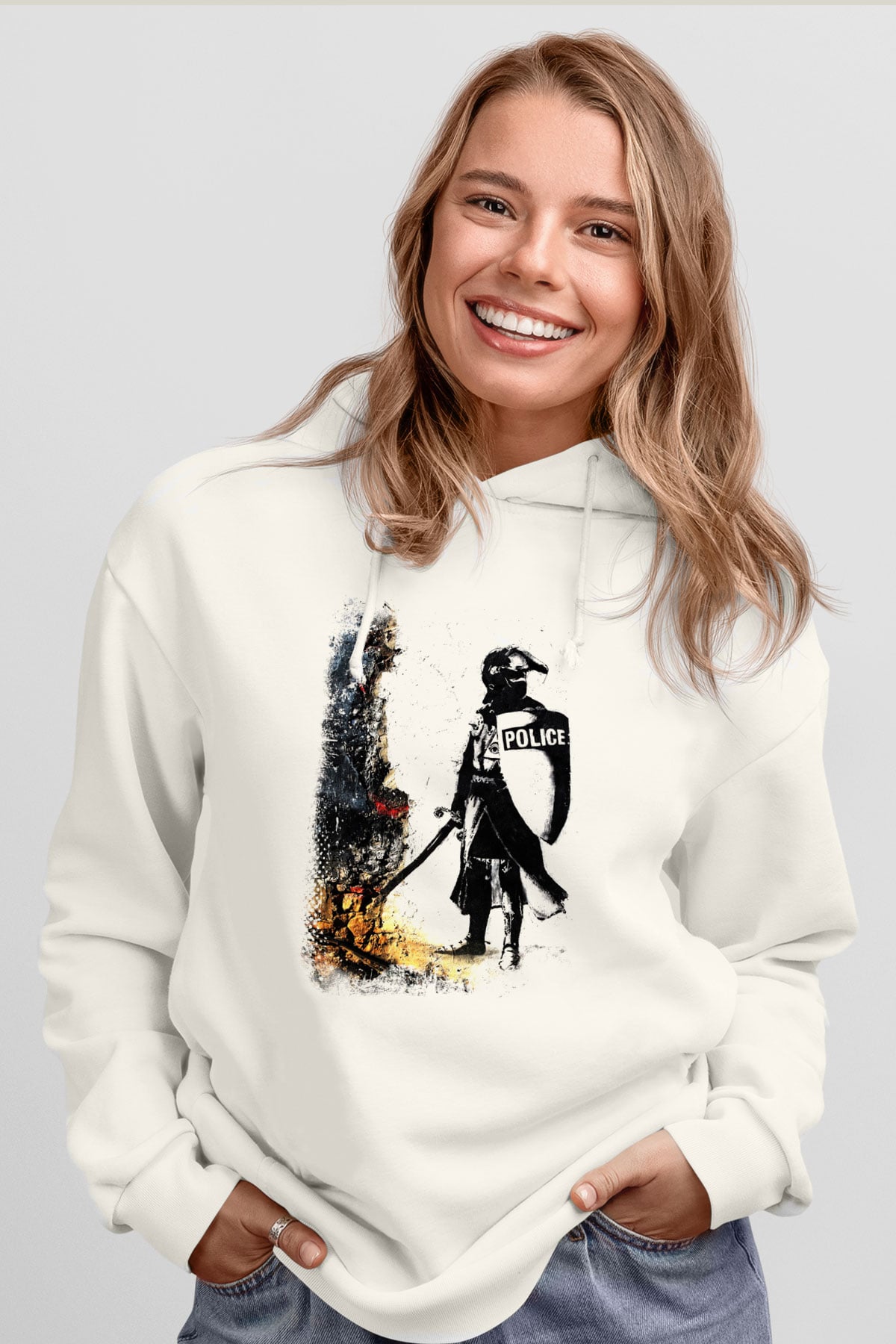 Polis Beyaz Unisex Kapüşonlu Sweatshirt