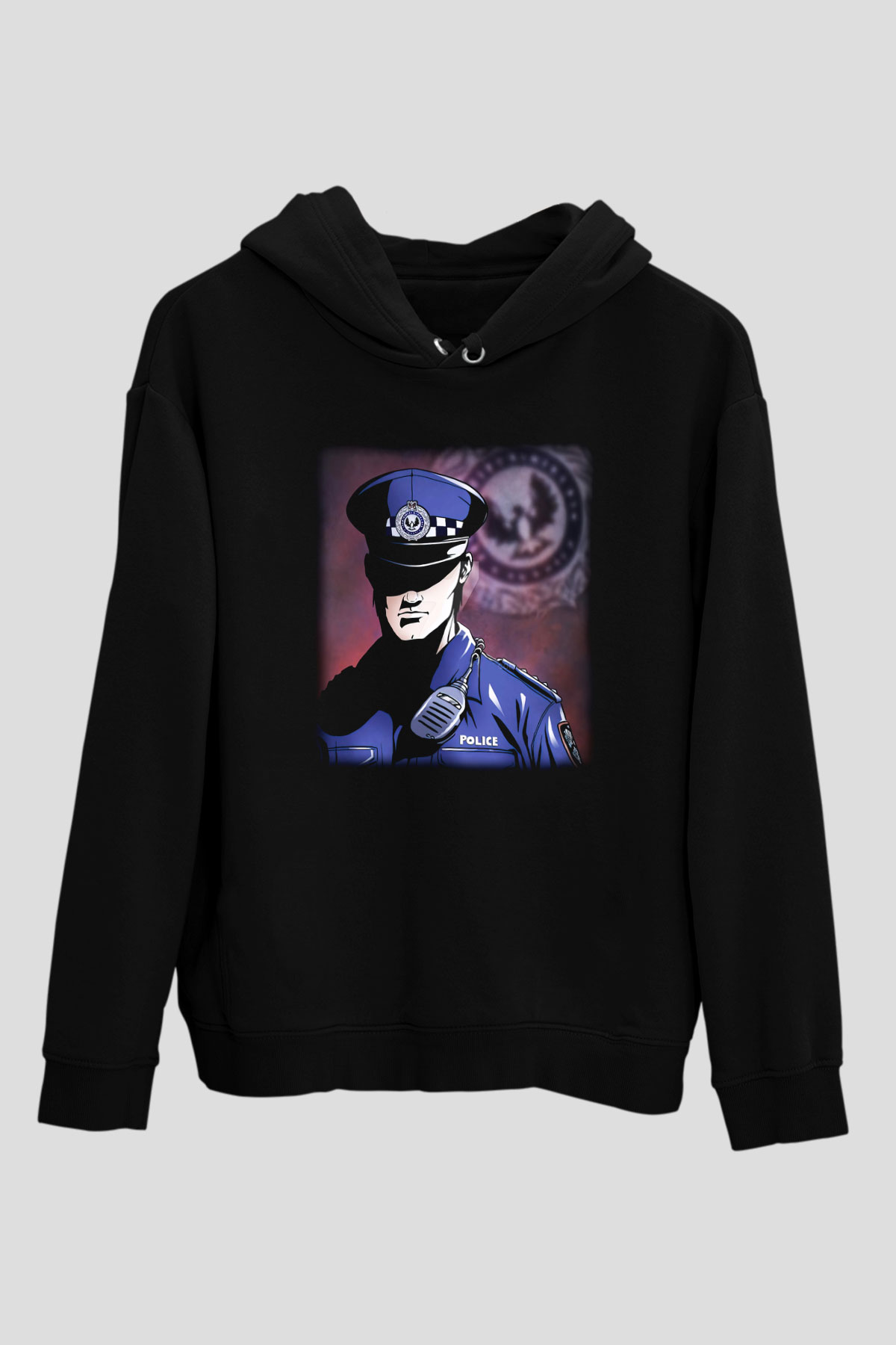 Polis Siyah Unisex Kapşonlu Sweatshirt