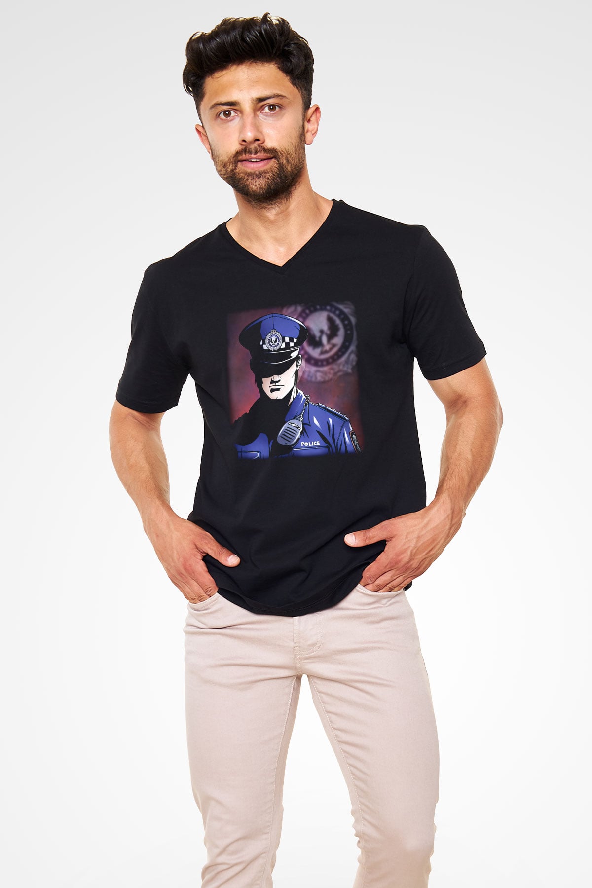 Polis Siyah Unisex V Yaka Tişört T-Shirt