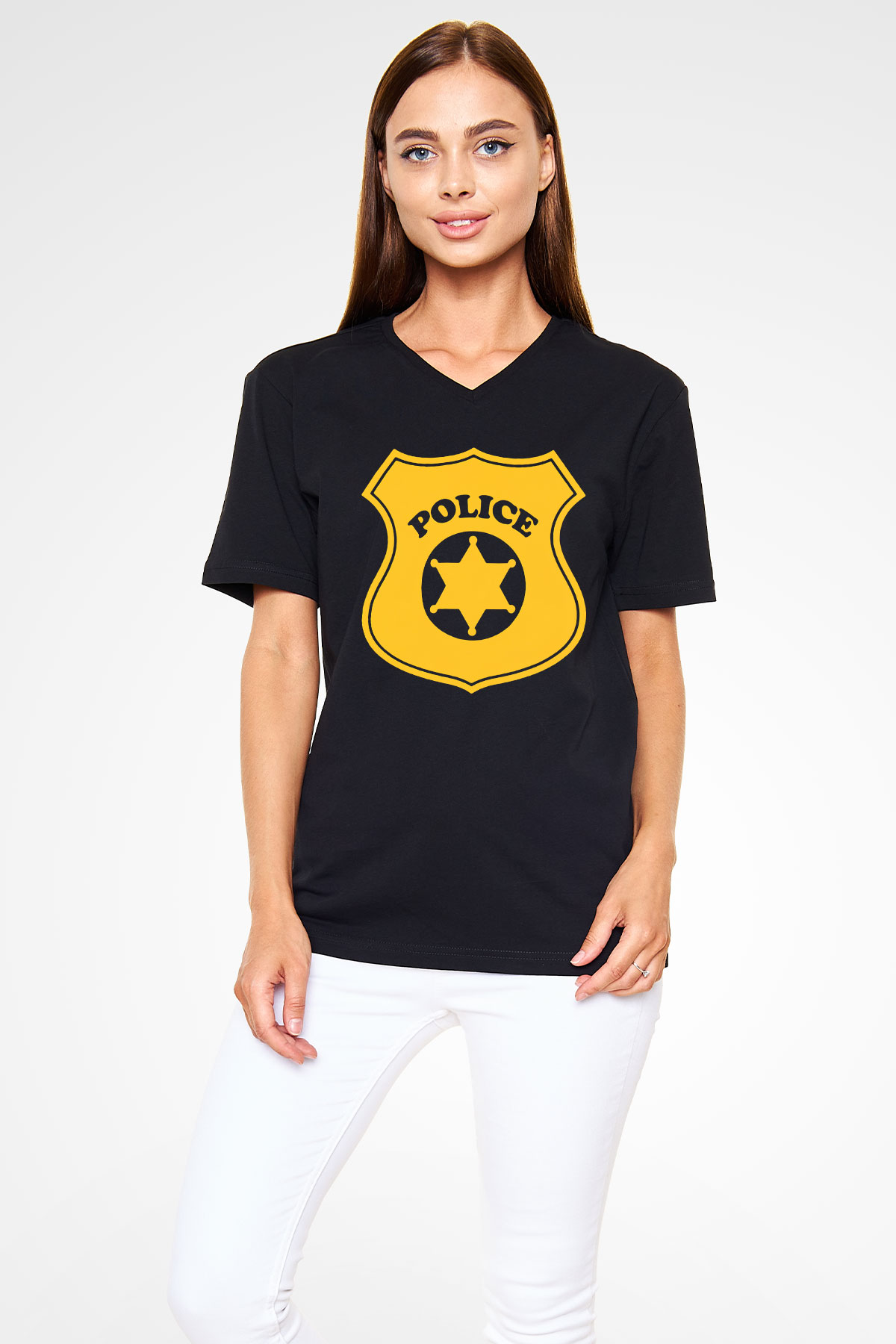 Polis Siyah Unisex V Yaka Tişört T-Shirt