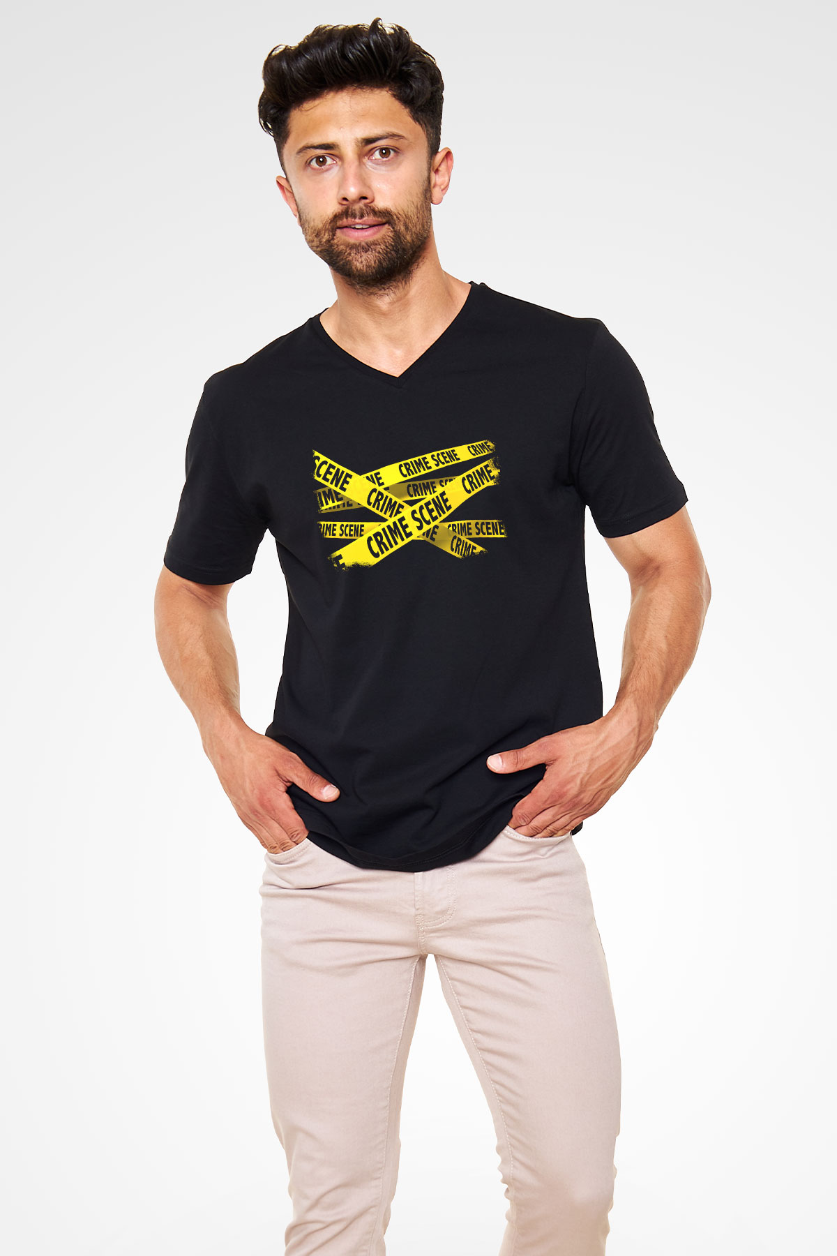 Polis Siyah Unisex V Yaka Tişört T-Shirt