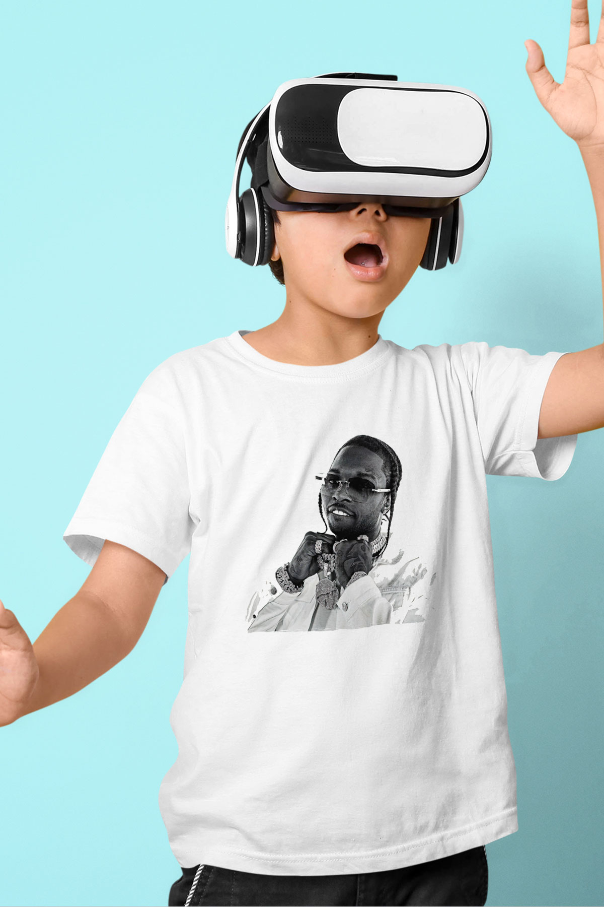 Pop Smoke Baskılı Beyaz Unisex Beyaz Çocuk Tişört - Tshirt