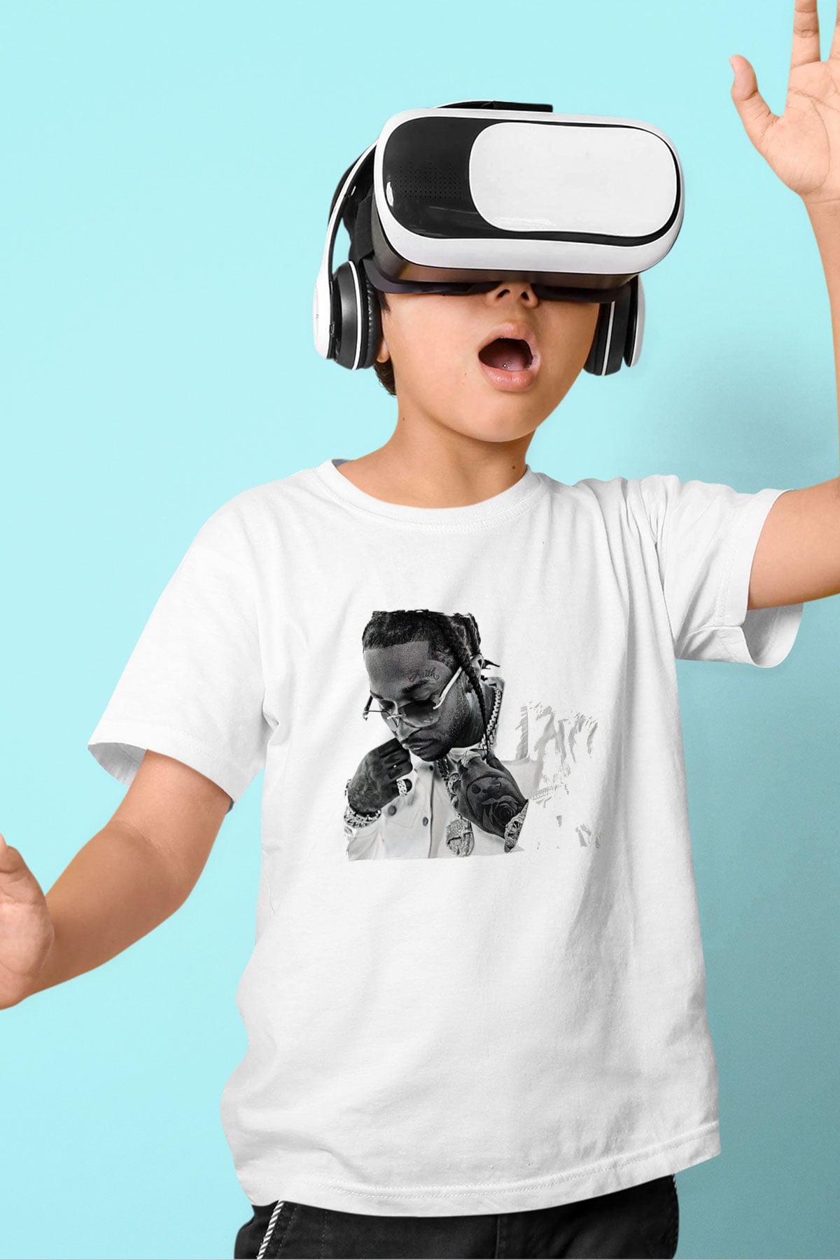 Pop Smoke Baskılı Beyaz Unisex Beyaz Çocuk Tişört - Tshirt