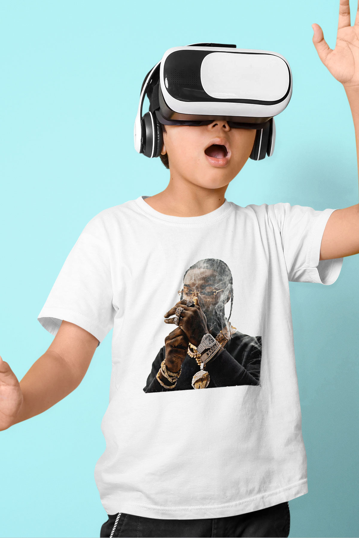 Pop Smoke Baskılı Beyaz Unisex Beyaz Çocuk Tişört - Tshirt