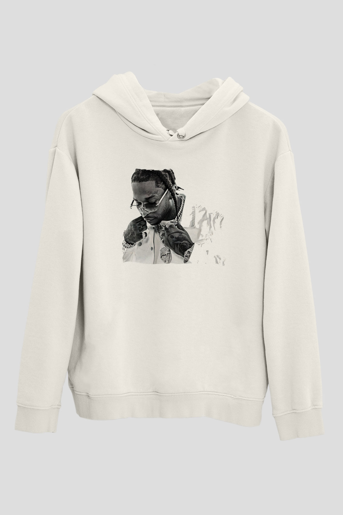 Pop Smoke Baskılı Beyaz Unisex Kapüşonlu Sweatshirt