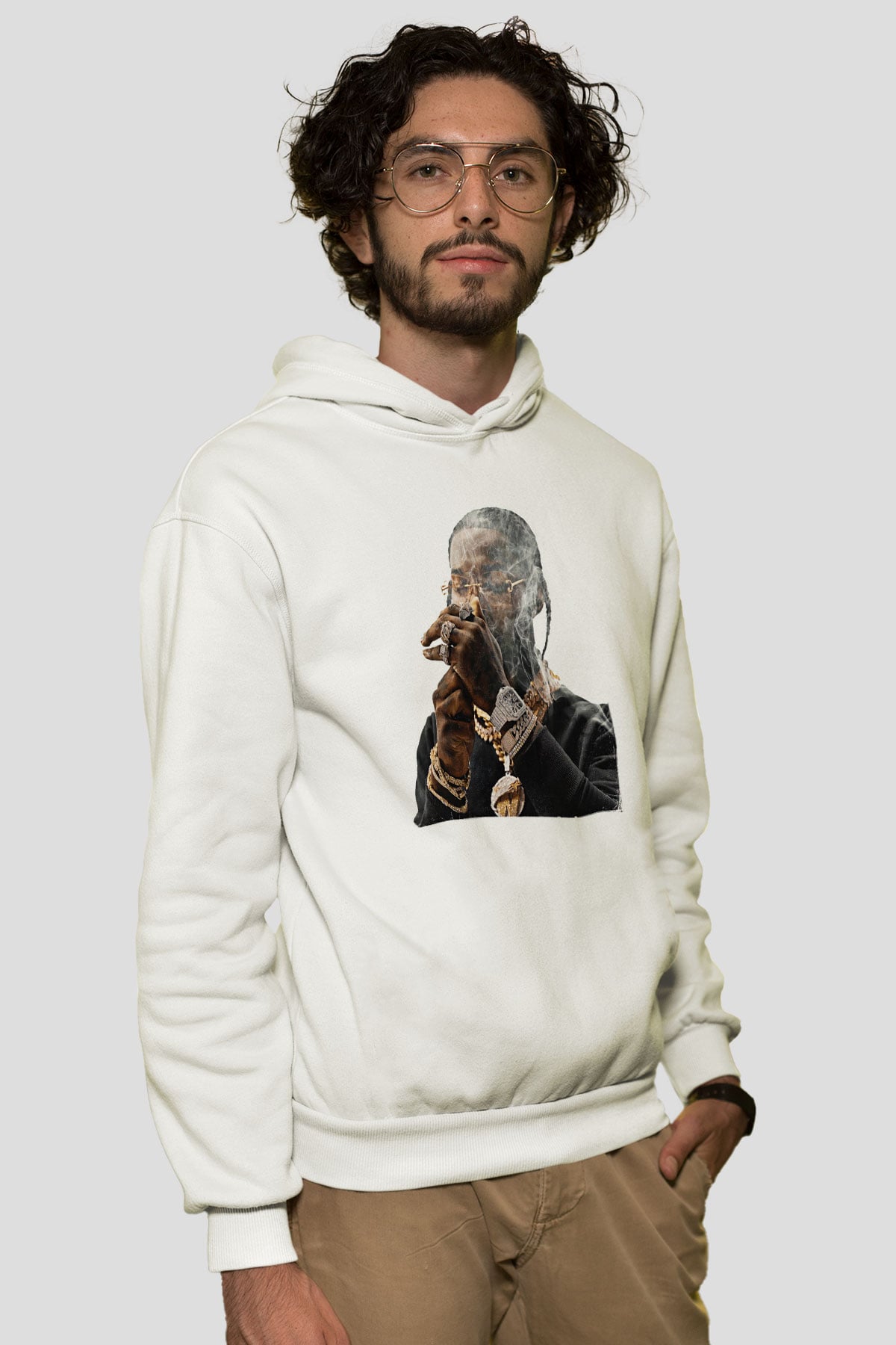 Pop Smoke Baskılı Beyaz Unisex Kapüşonlu Sweatshirt