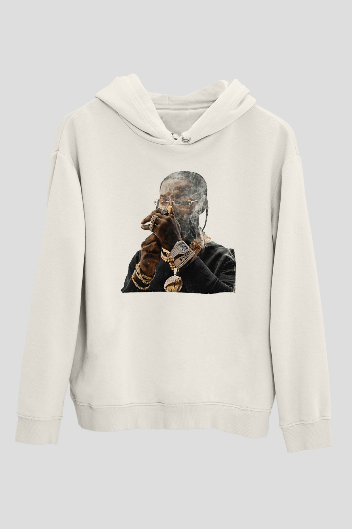 Pop Smoke Baskılı Beyaz Unisex Kapüşonlu Sweatshirt
