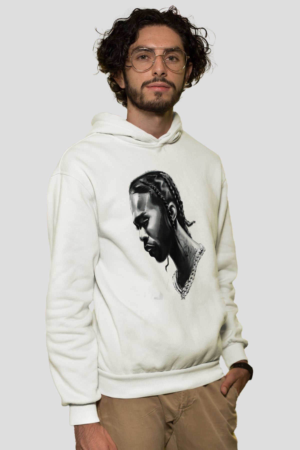 Pop Smoke Baskılı Beyaz Unisex Kapüşonlu Sweatshirt