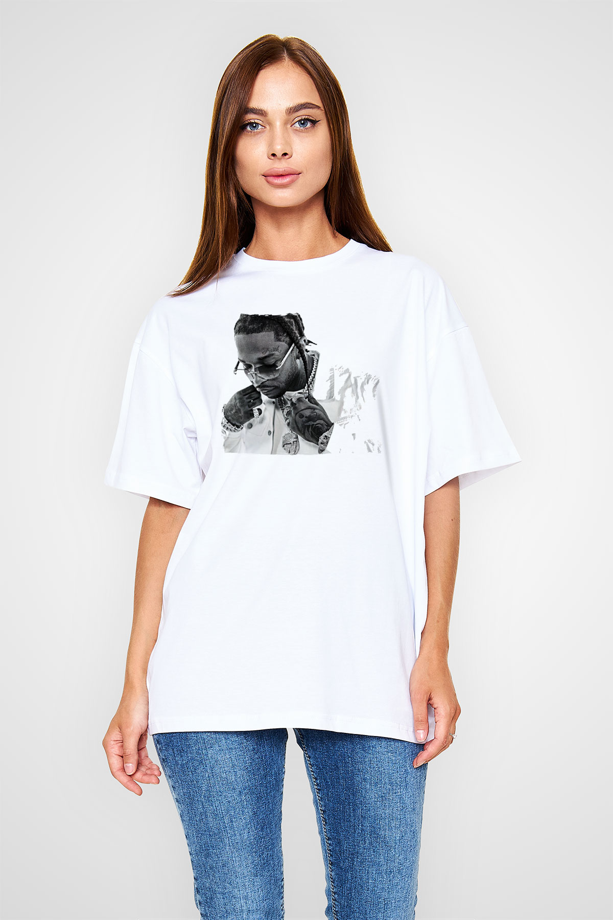 Pop Smoke Baskılı Beyaz Unisex Oversize Tişört - Tshirt